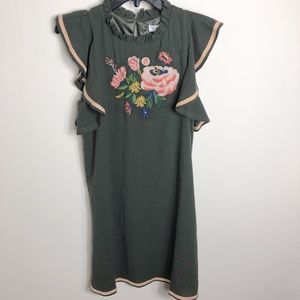 THML Ruffle Sleeve Boho Embroidered Floral Dress